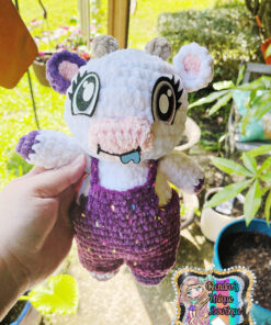 Purple cow with overalls
